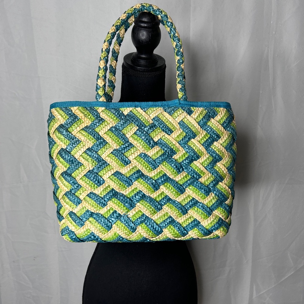 Beach Green and blue woven rattan tote bag